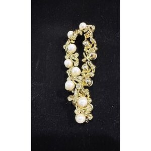 Vintage Gold Tone Faux Pearl and Rhinestone Floral Link Bracelet Foldover Clasp